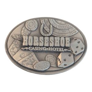 Vintage Oval Embossed Pewter Horseshoe Casino Refrigerator Fridge Magnet 2"